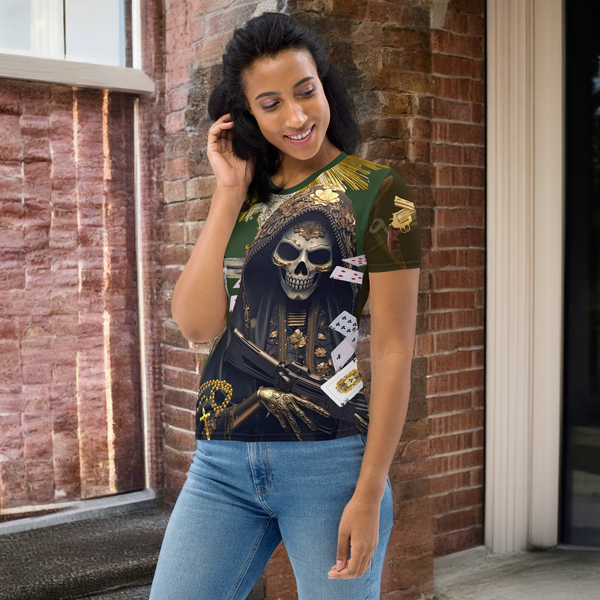 Spiritually-inspired Santa Muerte Narcos Edition All Over T-Shirt showcasing the vibrant design